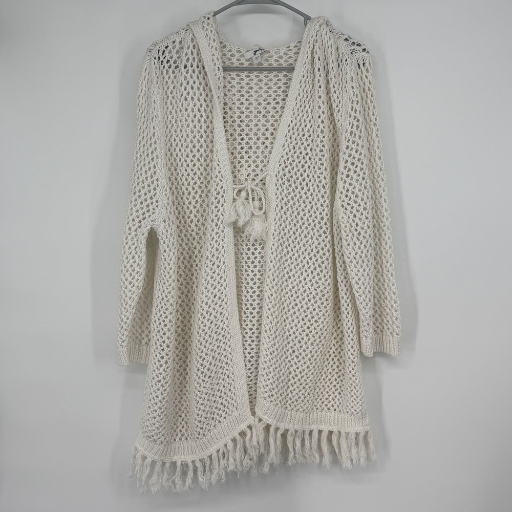 J.Jill Cream Open Knit Hooded Cardigan Fringe Hem Boho XL Cover Up Festival